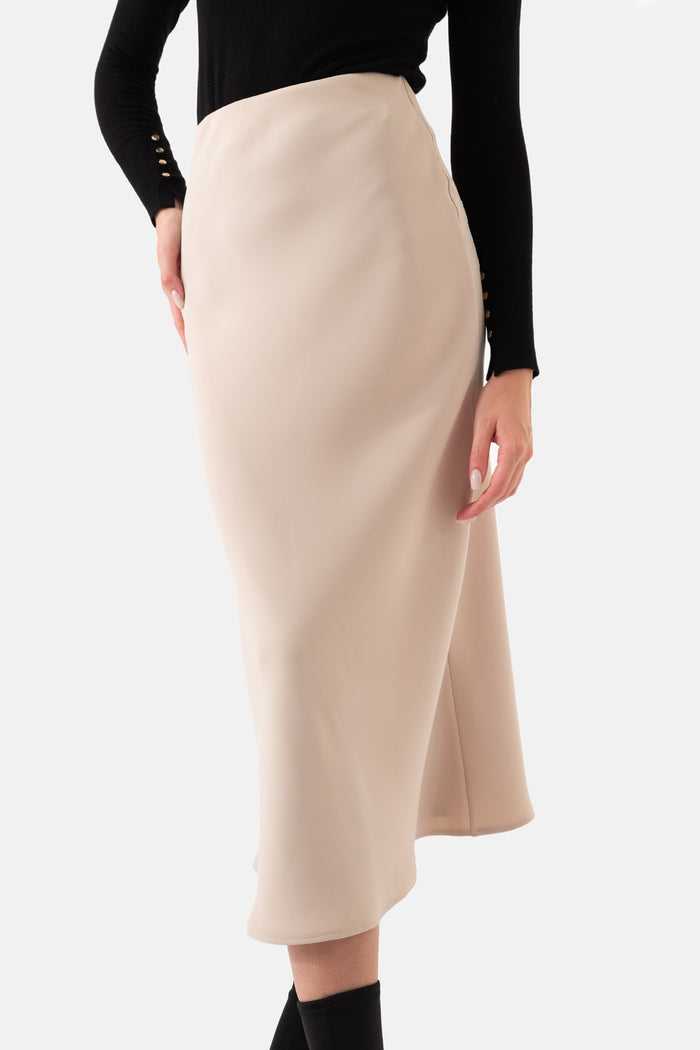 Beige Color Elastic Waist Flared Women's Skirt