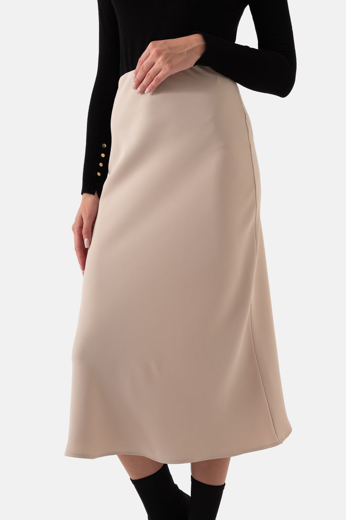 Beige Color Elastic Waist Flared Women's Skirt