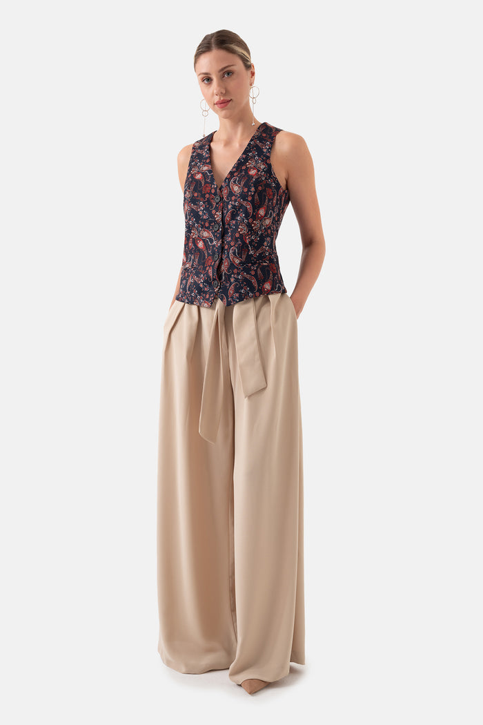 Beige Pleated Self Fabric Belted Side Pocket Women's Trousers