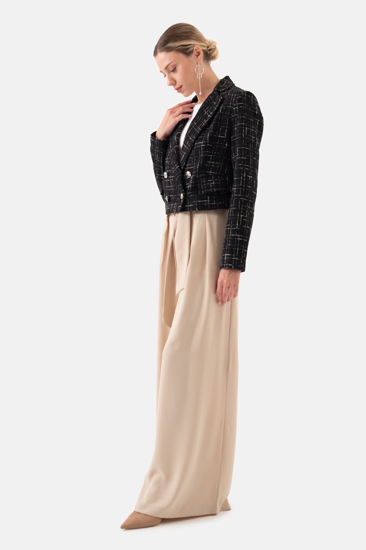 Beige Pleated Self Fabric Belted Side Pocket Women's Trousers