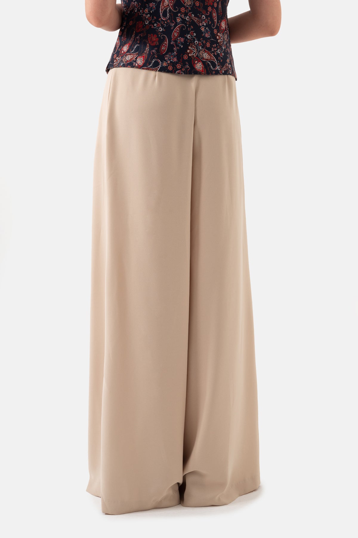 Beige Pleated Self Fabric Belted Side Pocket Women's Trousers