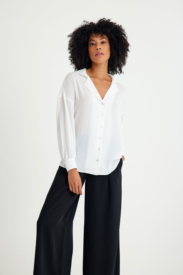 White Lapel Collar Cuffed Women's Shirt
