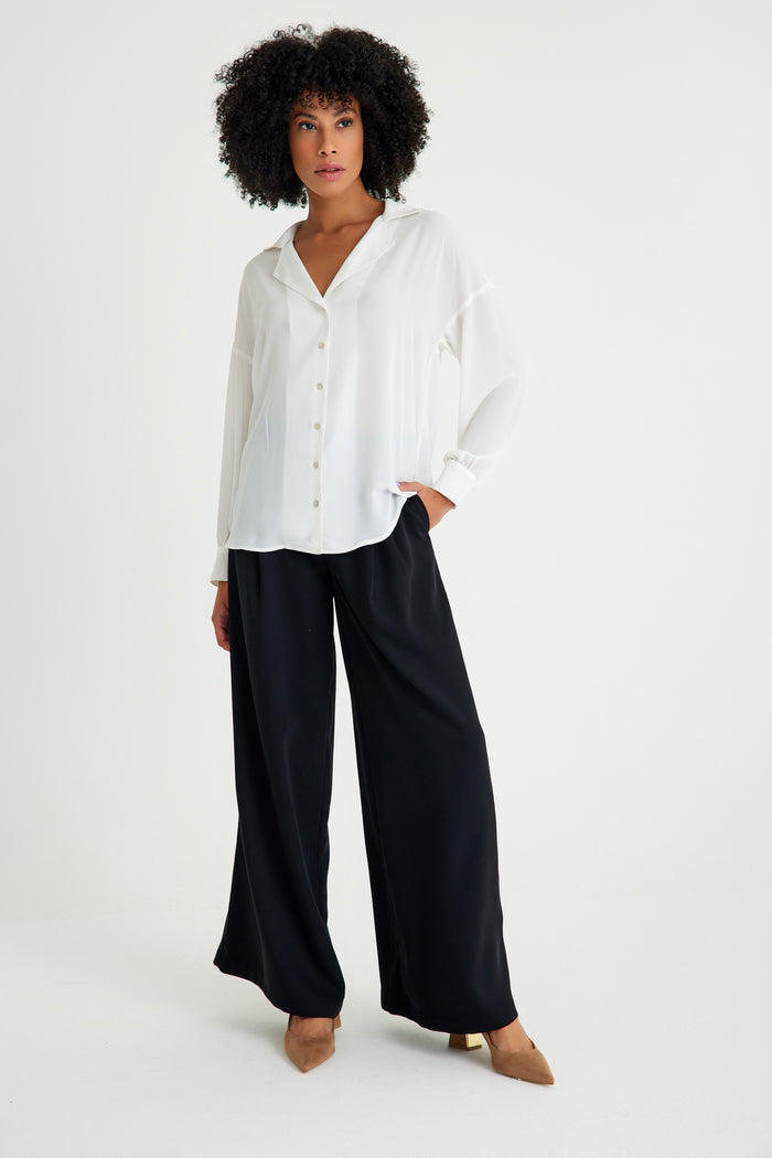 White Lapel Collar Cuffed Women's Shirt