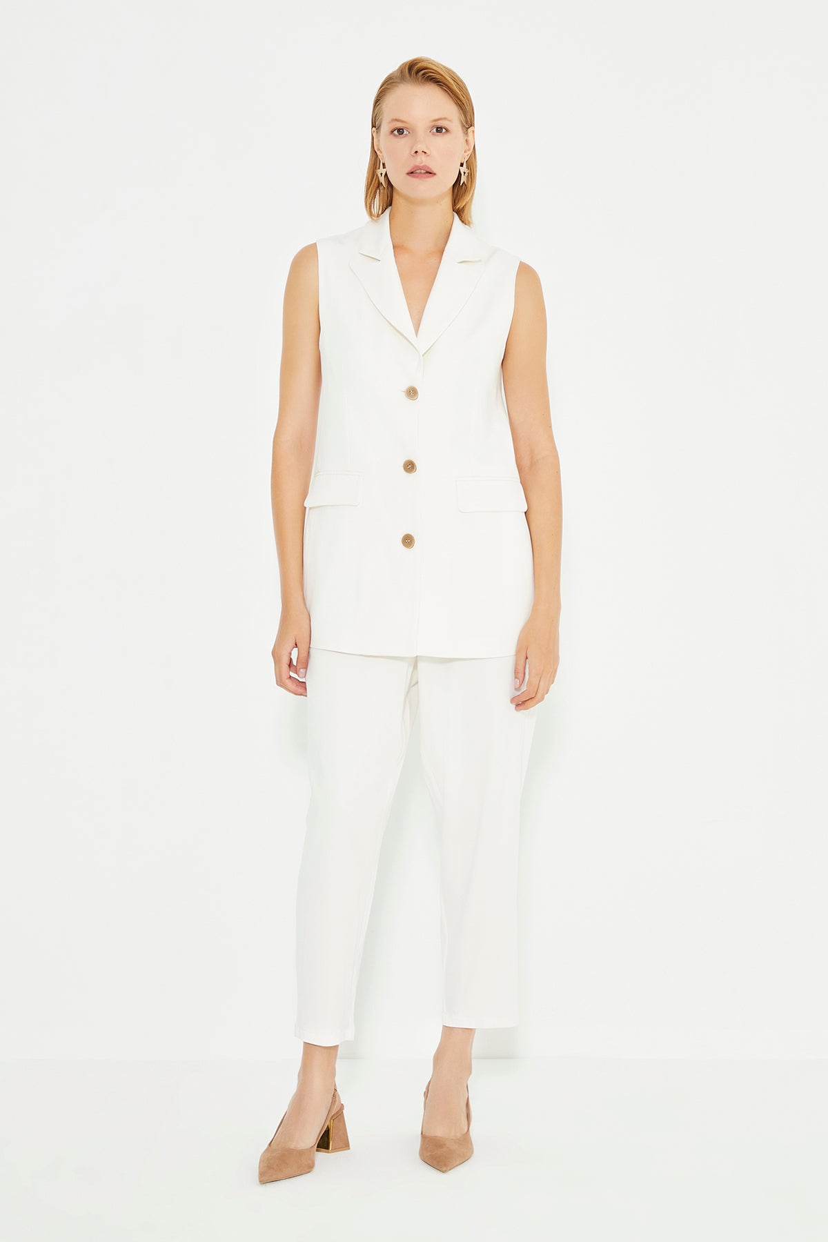 White Long Women's Vest With Pockets