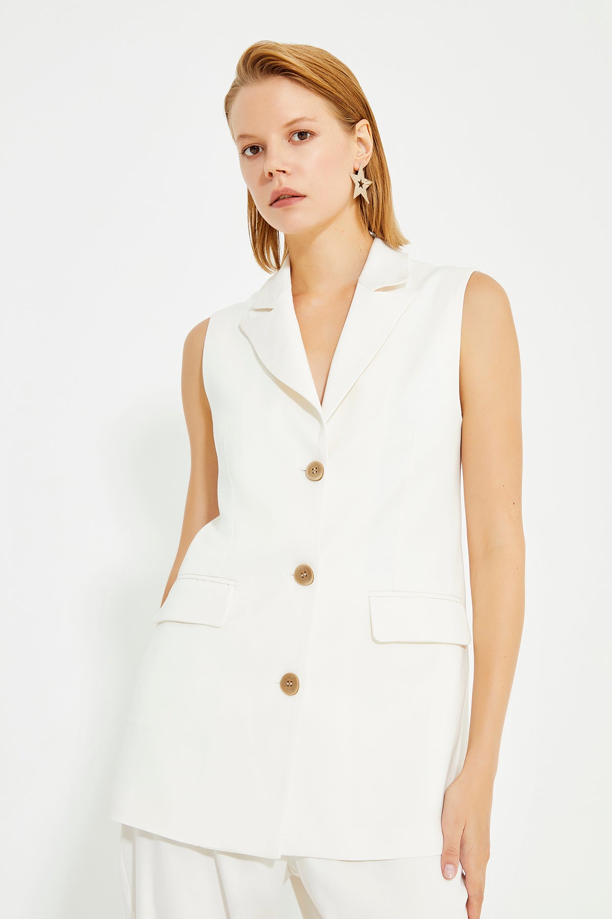 White Long Women's Vest With Pockets