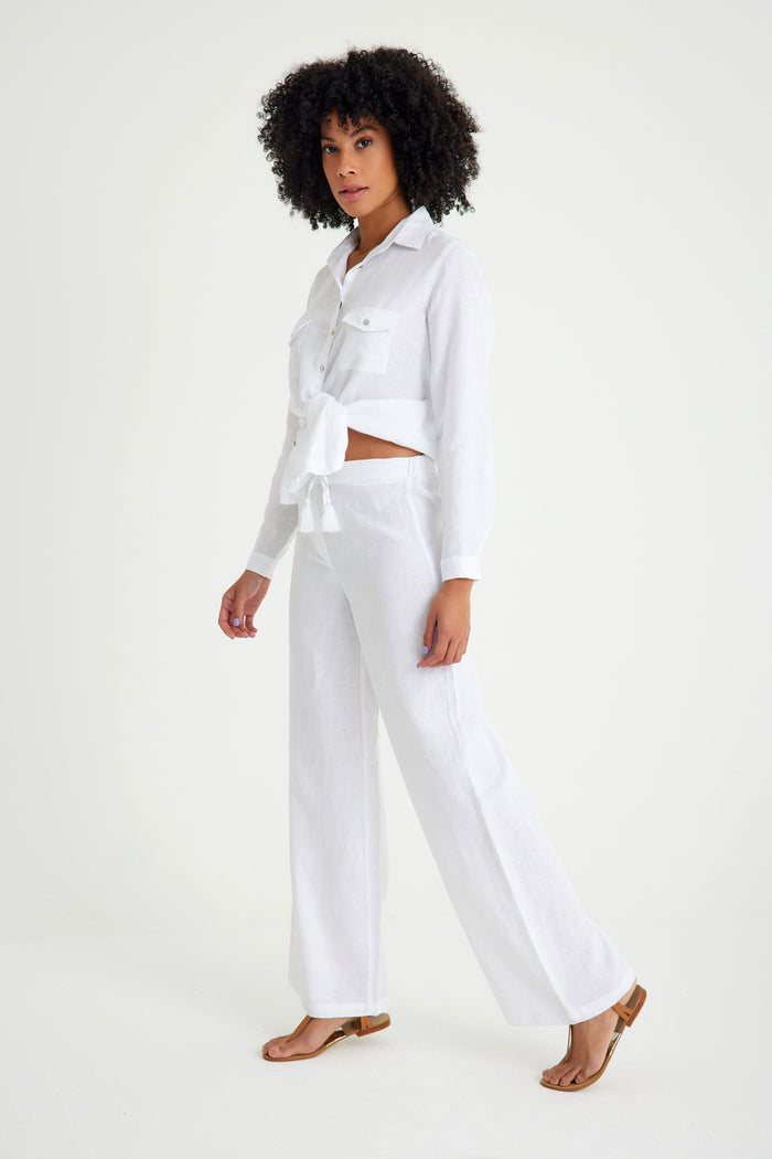 White Linen Waist Laced Wide Leg Women's Trousers