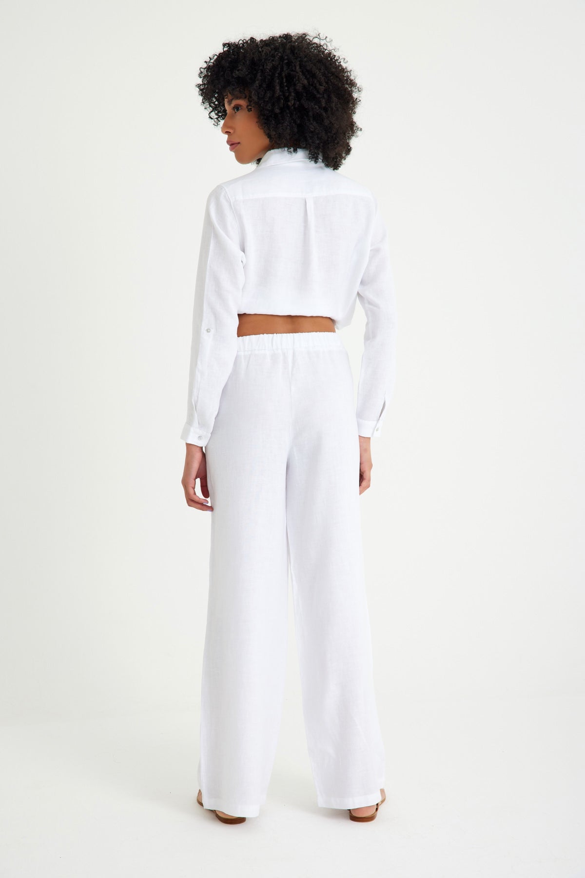 White Linen Waist Laced Wide Leg Women's Trousers