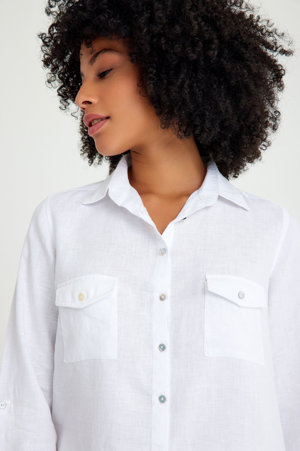 White Linen Pocket Detailed Women's Shirt