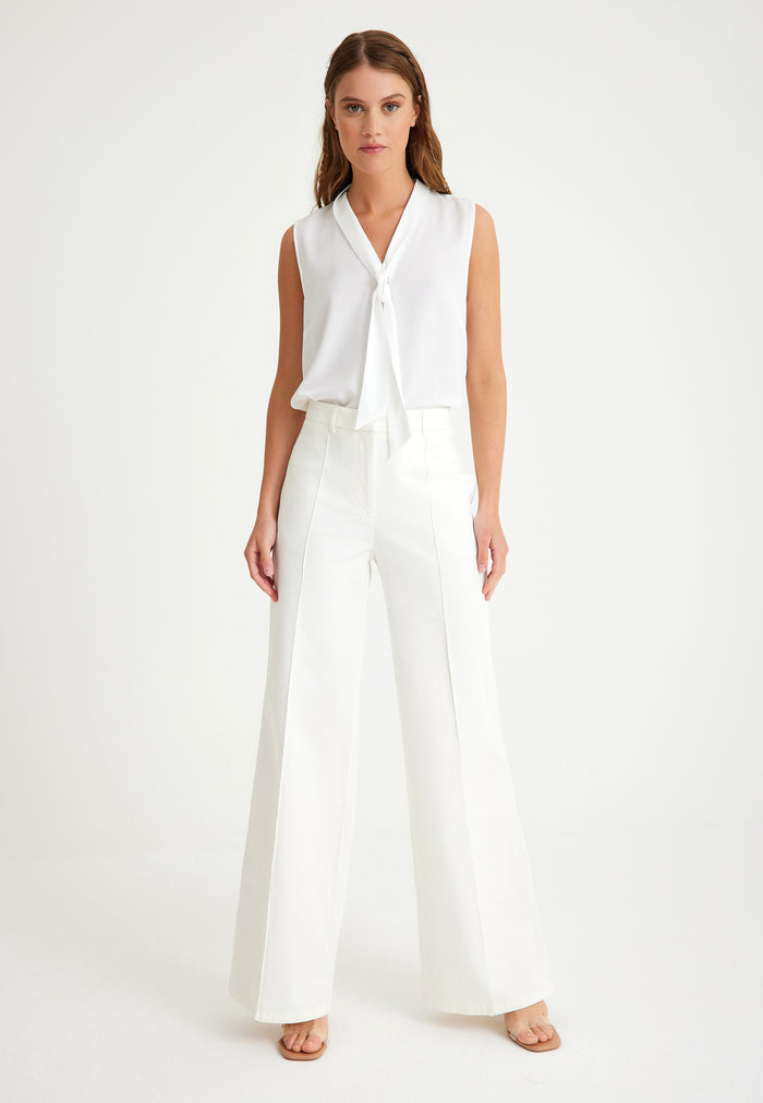 White Ribbed Wide-Leg Women's Trousers