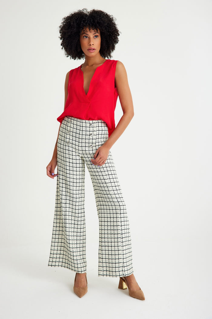 White Checked Side Hidden Zippered Trousers