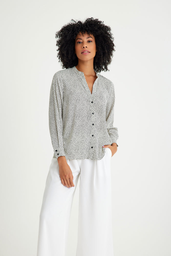 White Black Spotted V-Neck Women's Shirt
