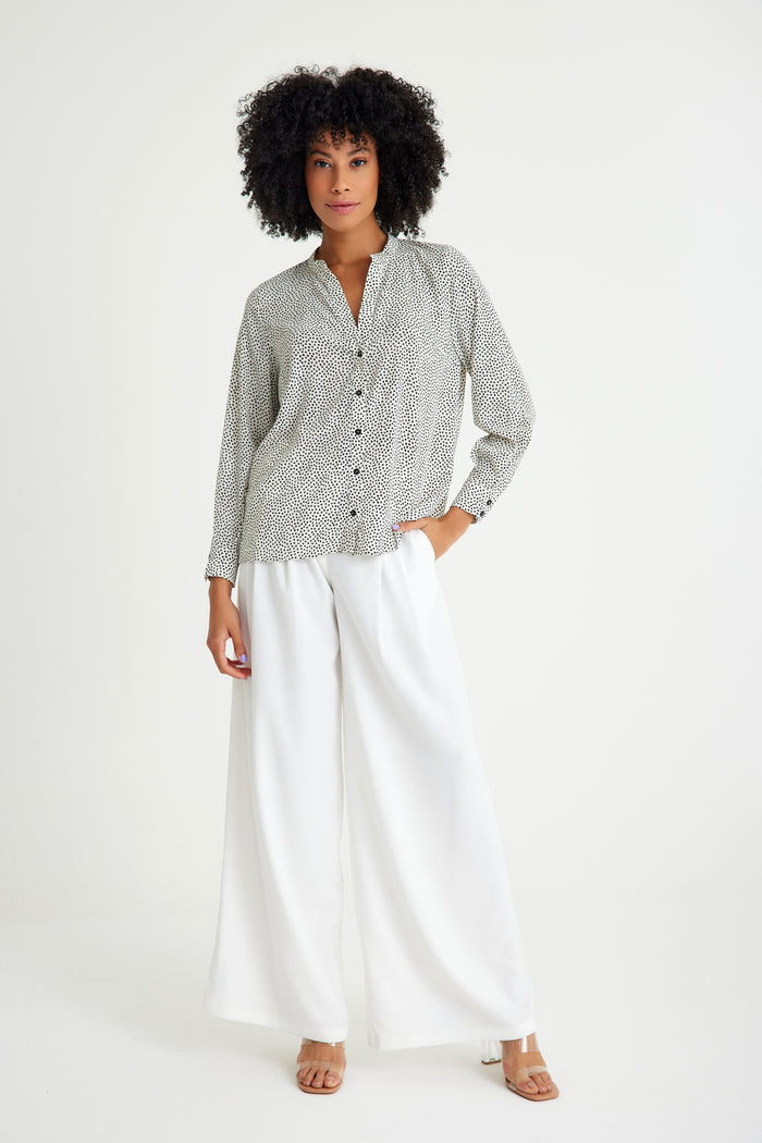 White Black Spotted V-Neck Women's Shirt