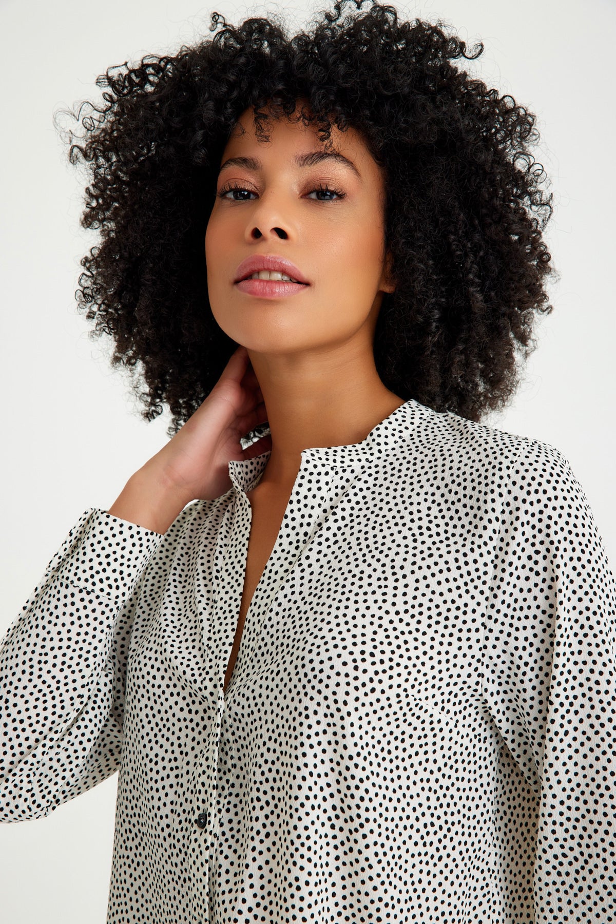 White Black Spotted V-Neck Women's Shirt