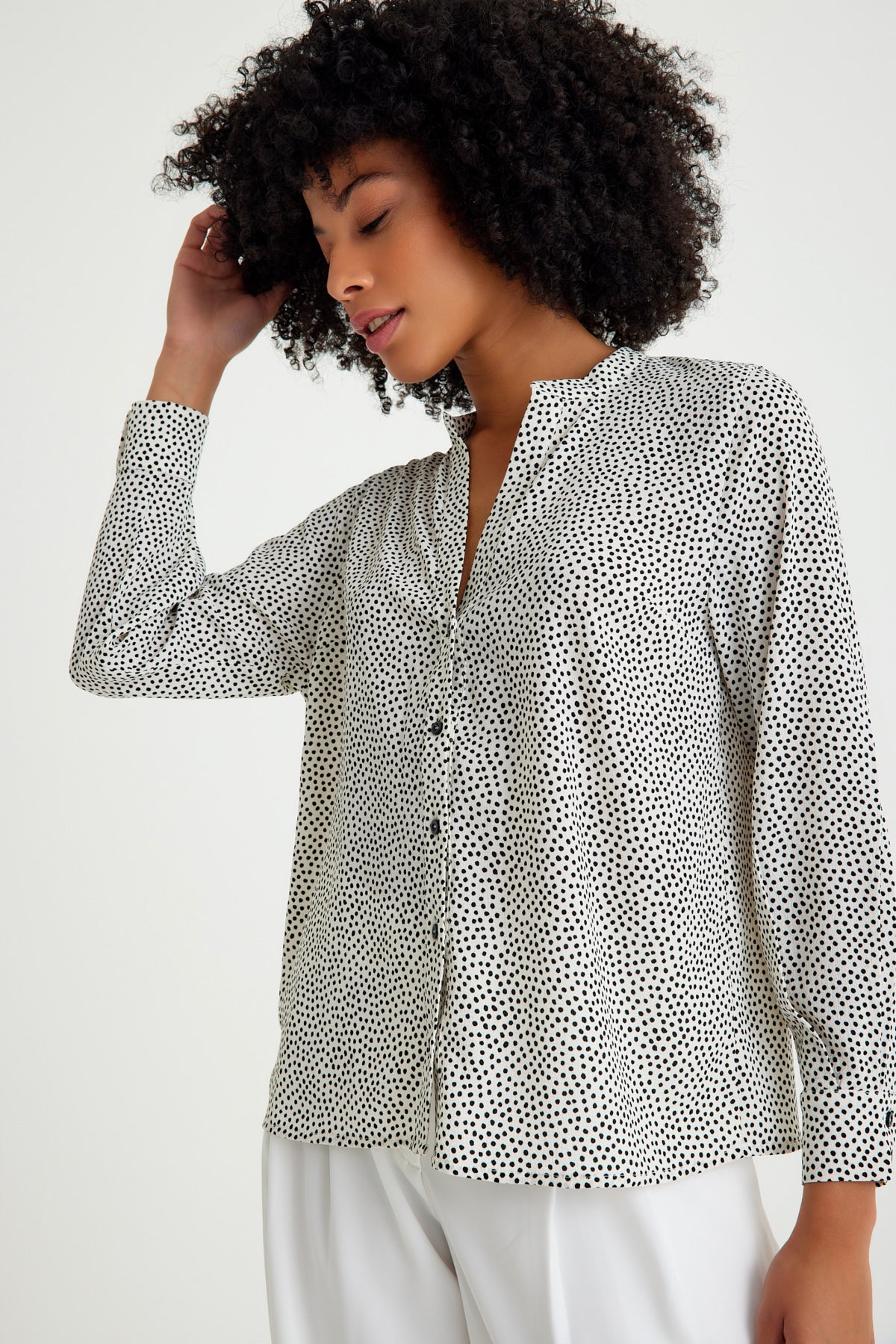 White Black Spotted V-Neck Women's Shirt
