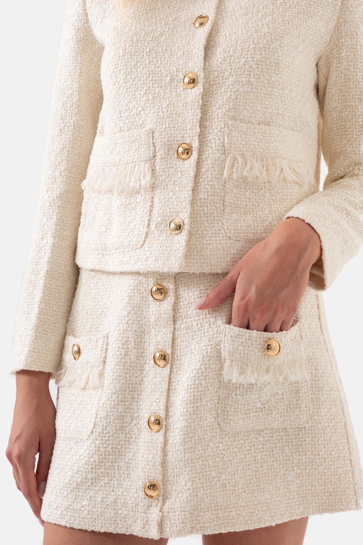 Ecru Tweed Short Women's Jacket With Pockets