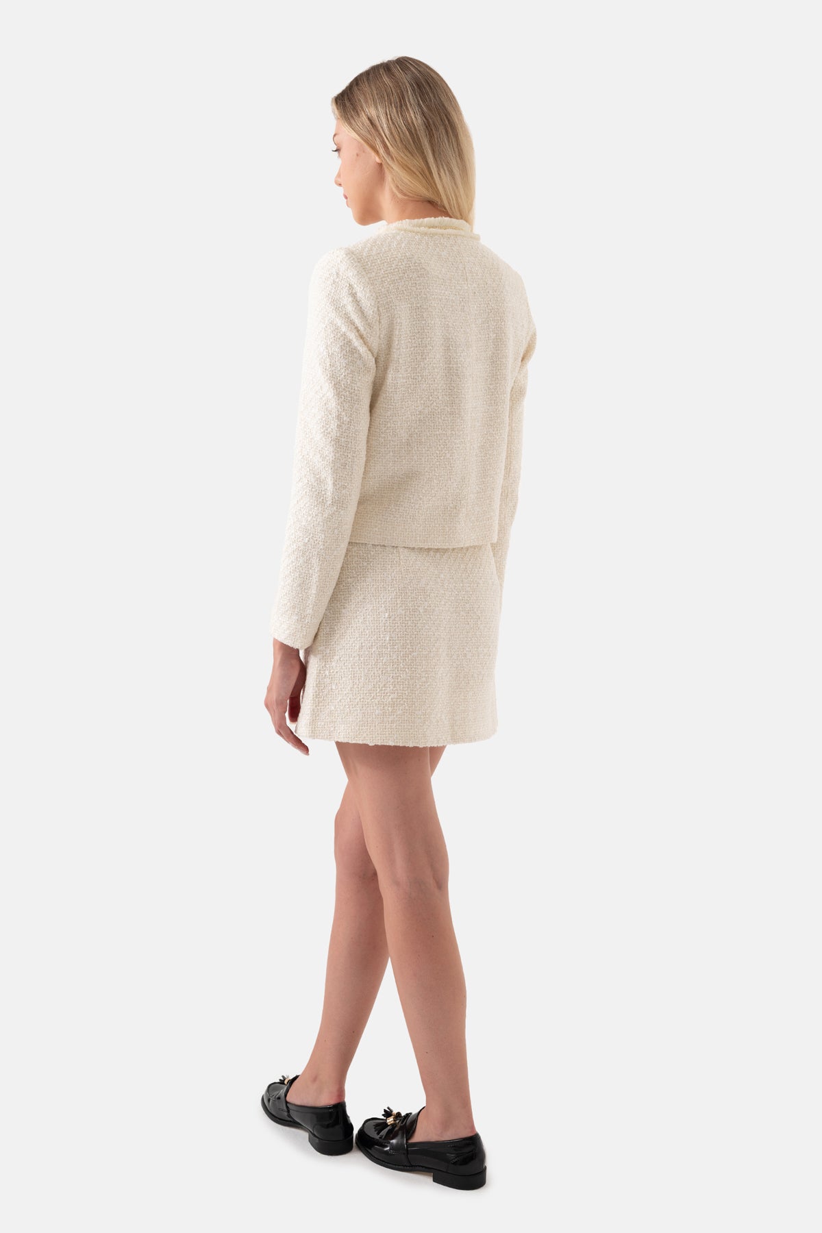 Ecru Tweed Short Women's Jacket With Pockets