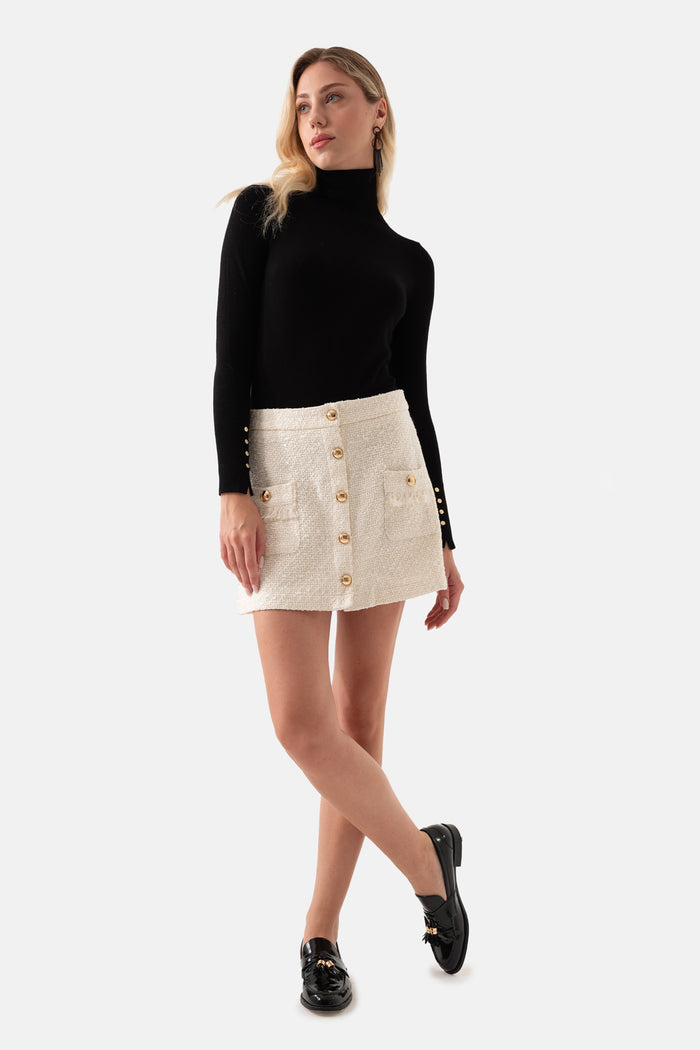 Ecru Tweed Front Buttoned Pocket Mini Skirt