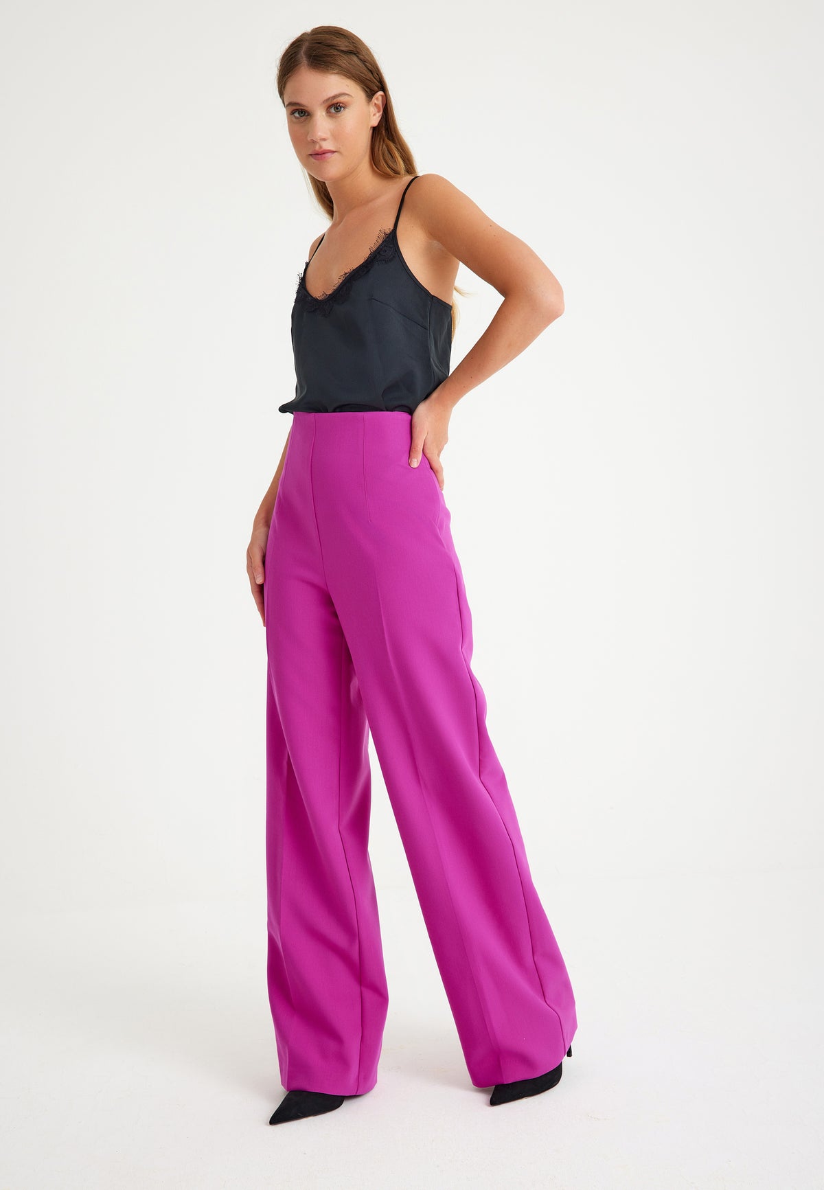 Fuchsia High Waist Wide Leg Women's Trousers