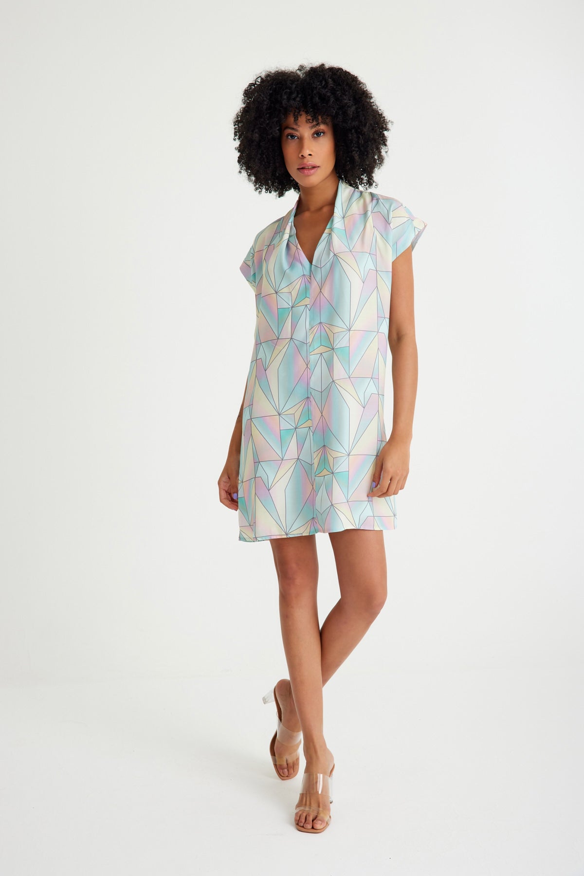 Geometrik Desenli Düşük Kısa Kollu Rahat Kesim Kısa Elbise