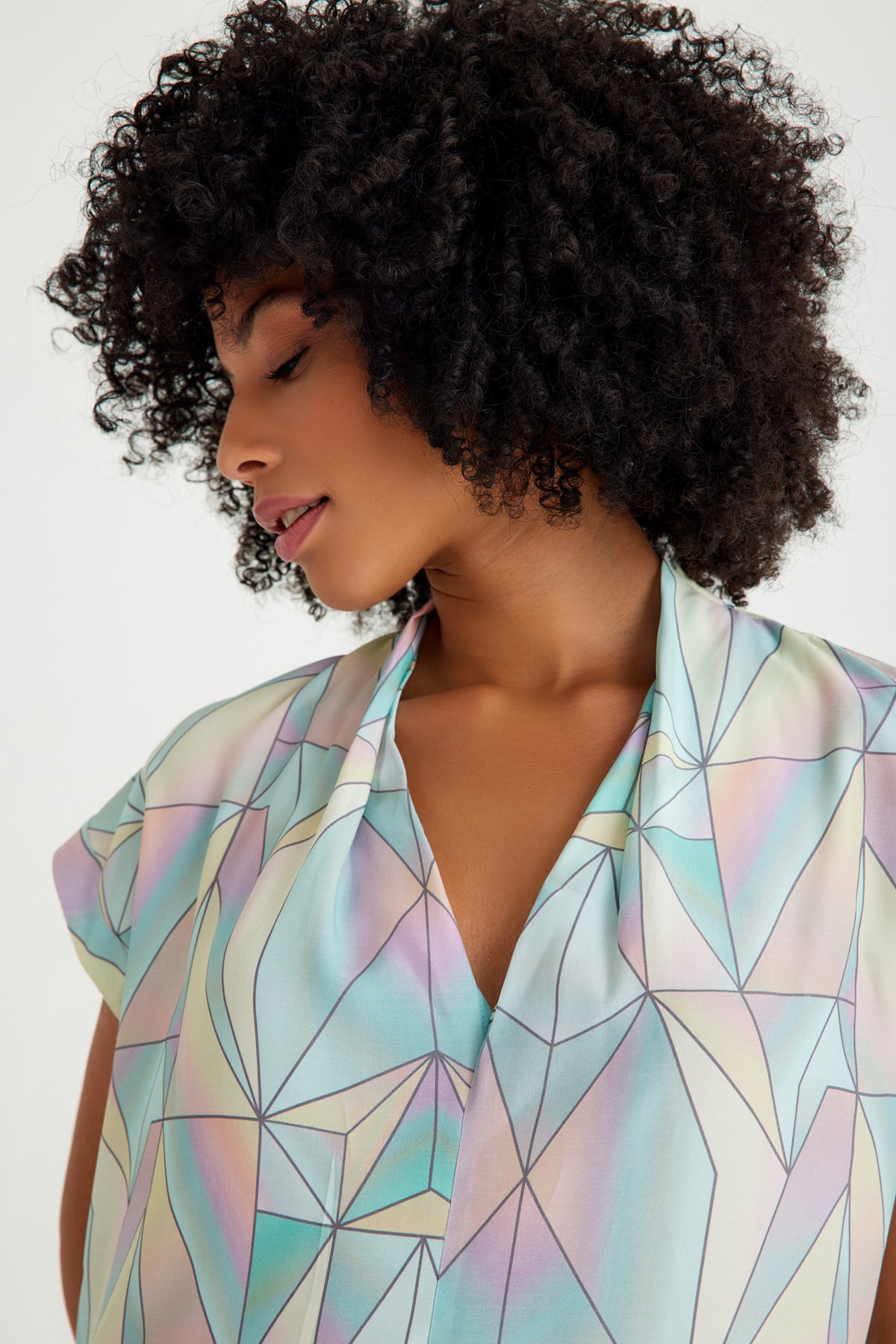 Geometrik Desenli Düşük Kısa Kollu Rahat Kesim Kısa Elbise