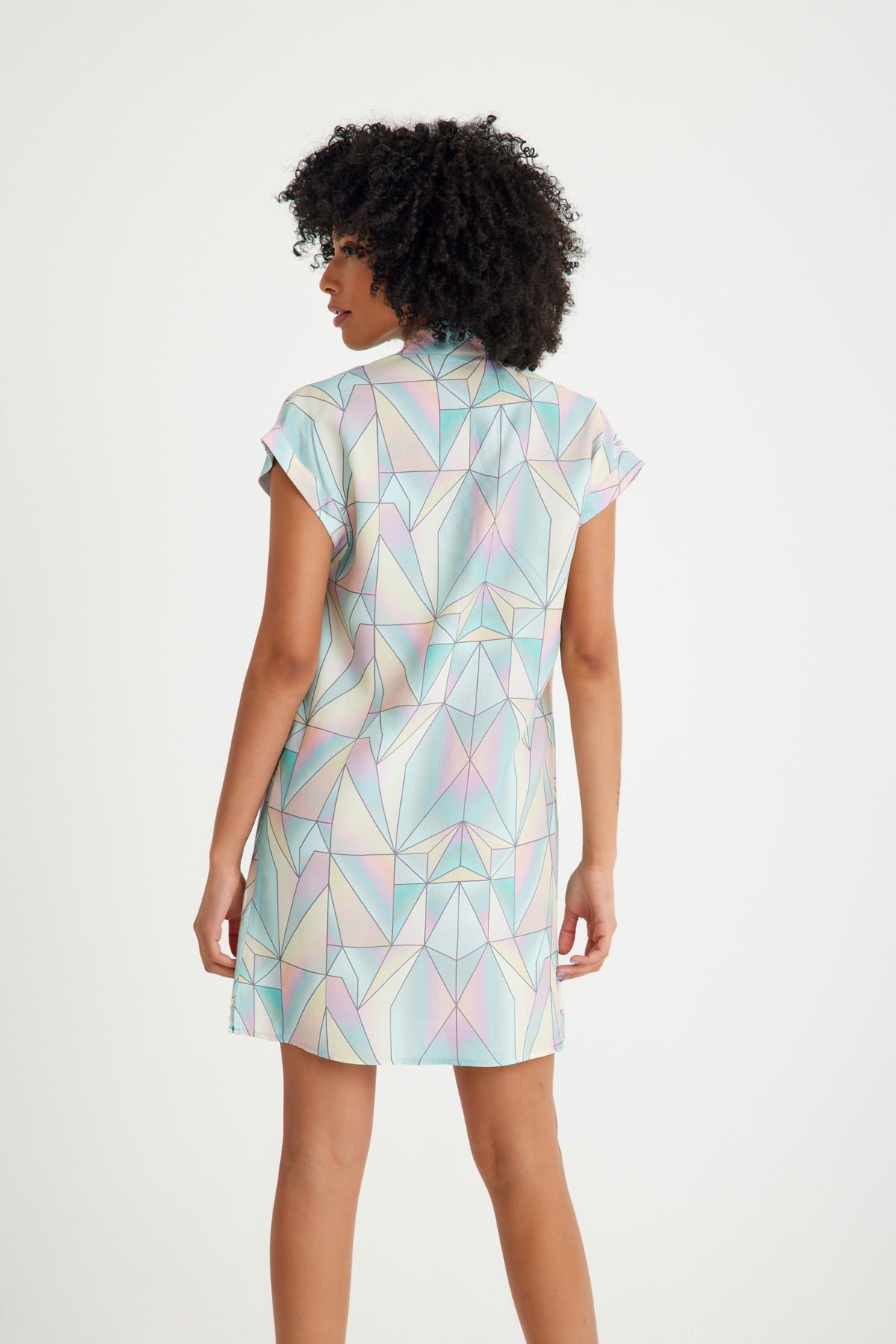 Geometrik Desenli Düşük Kısa Kollu Rahat Kesim Kısa Elbise