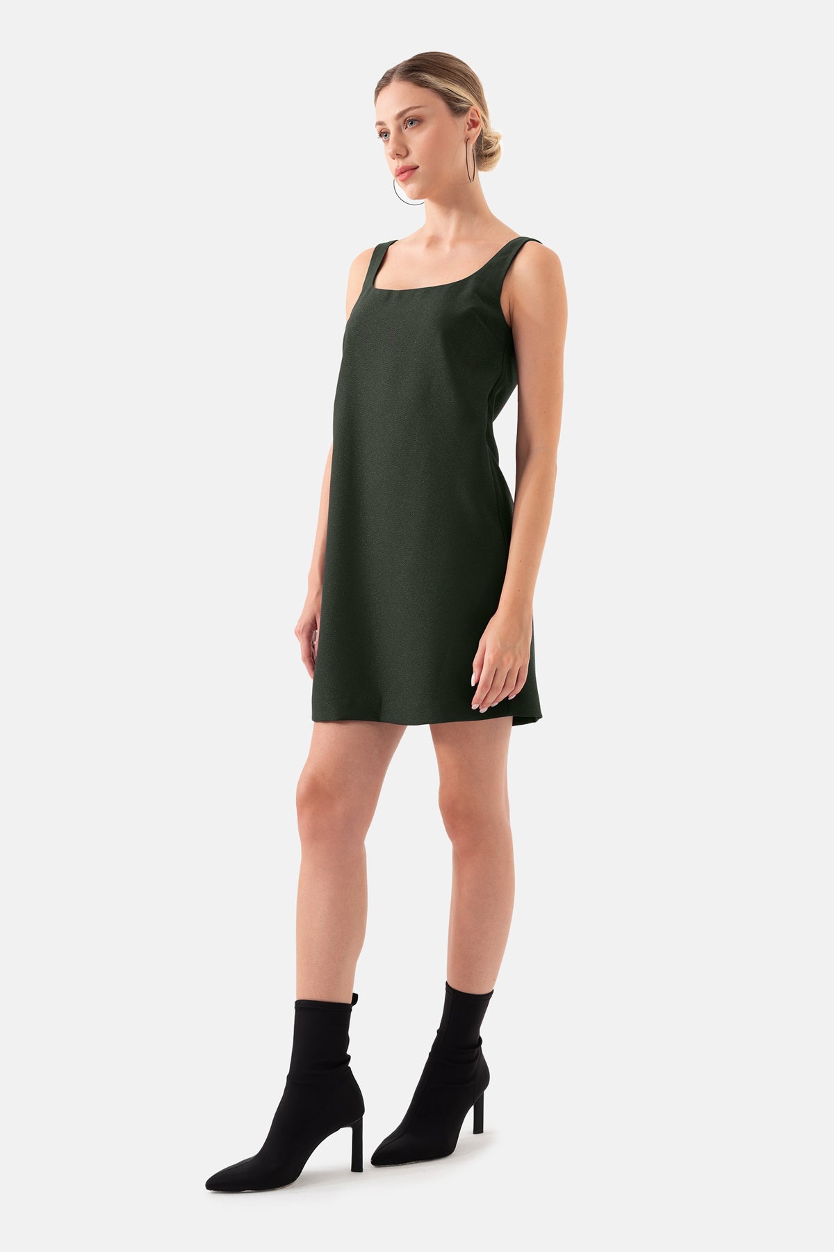 Haki Kare Yaka Mini Boy Kadın Elbise