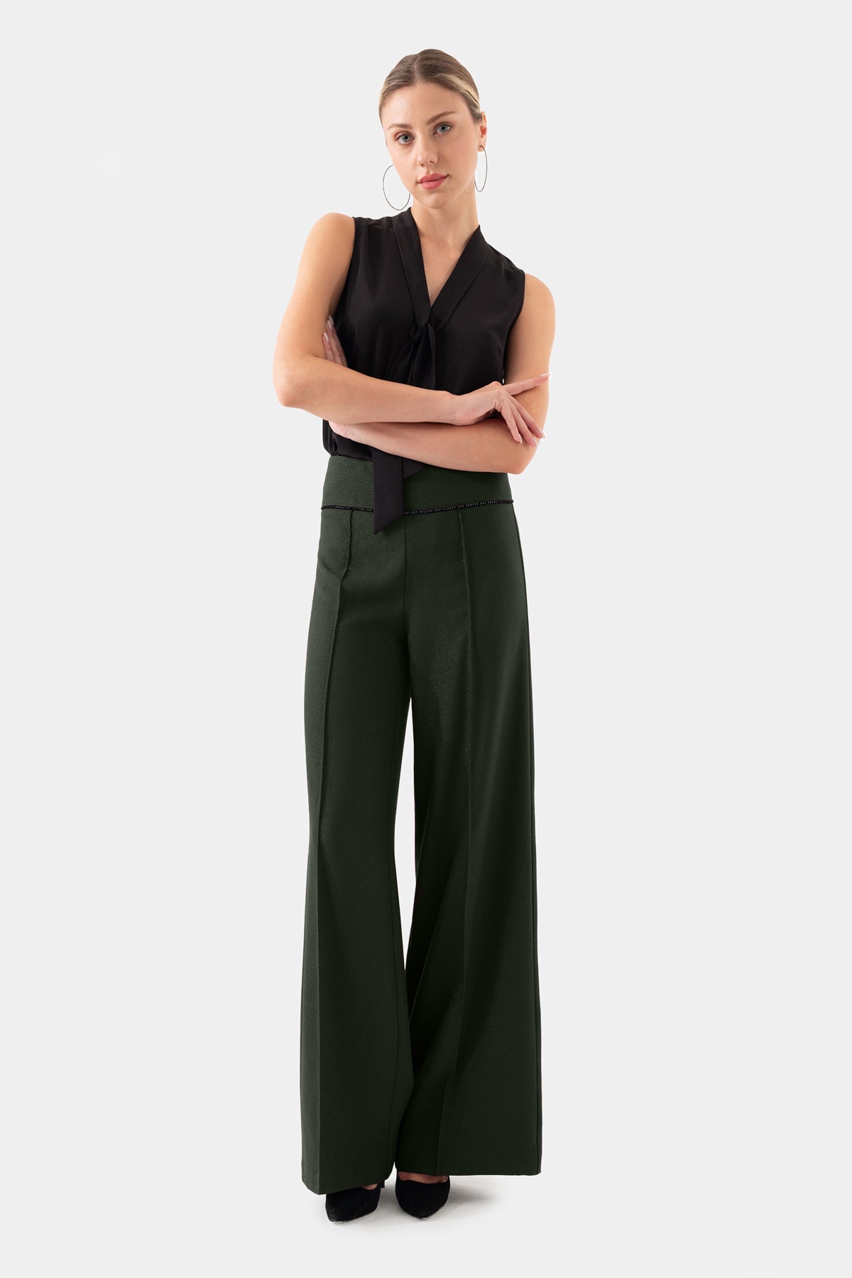Khaki Ribbed Wide Leg Trousers