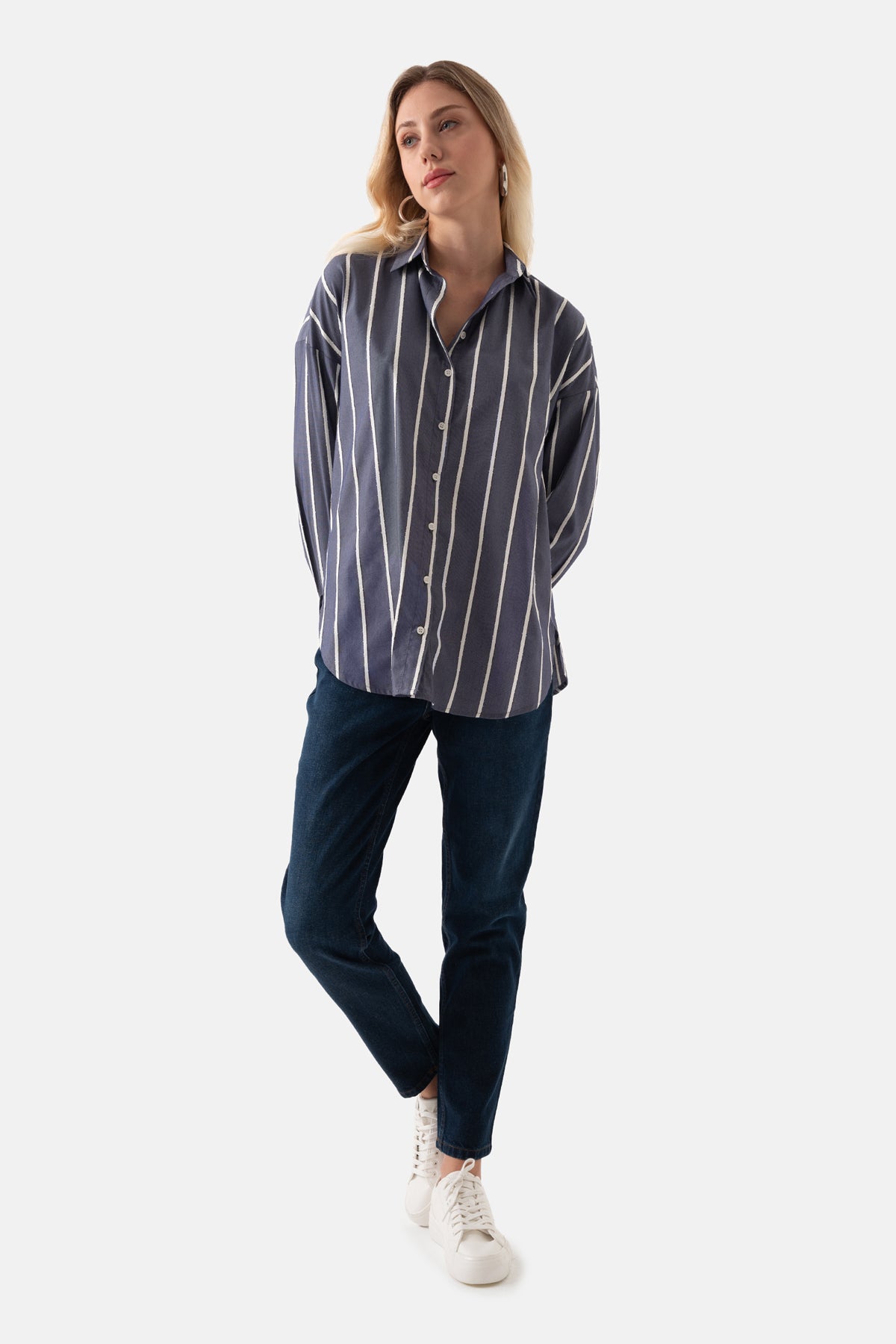 Indigo White Striped Oversized Women's Shirt
