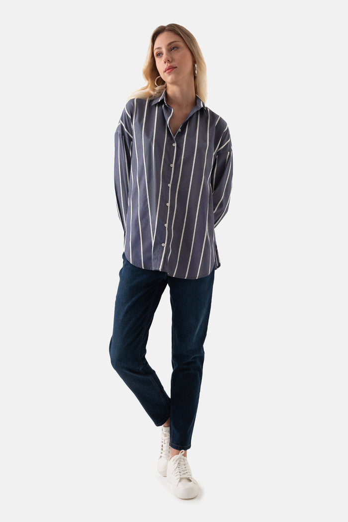 Indigo White Striped Oversized Women's Shirt