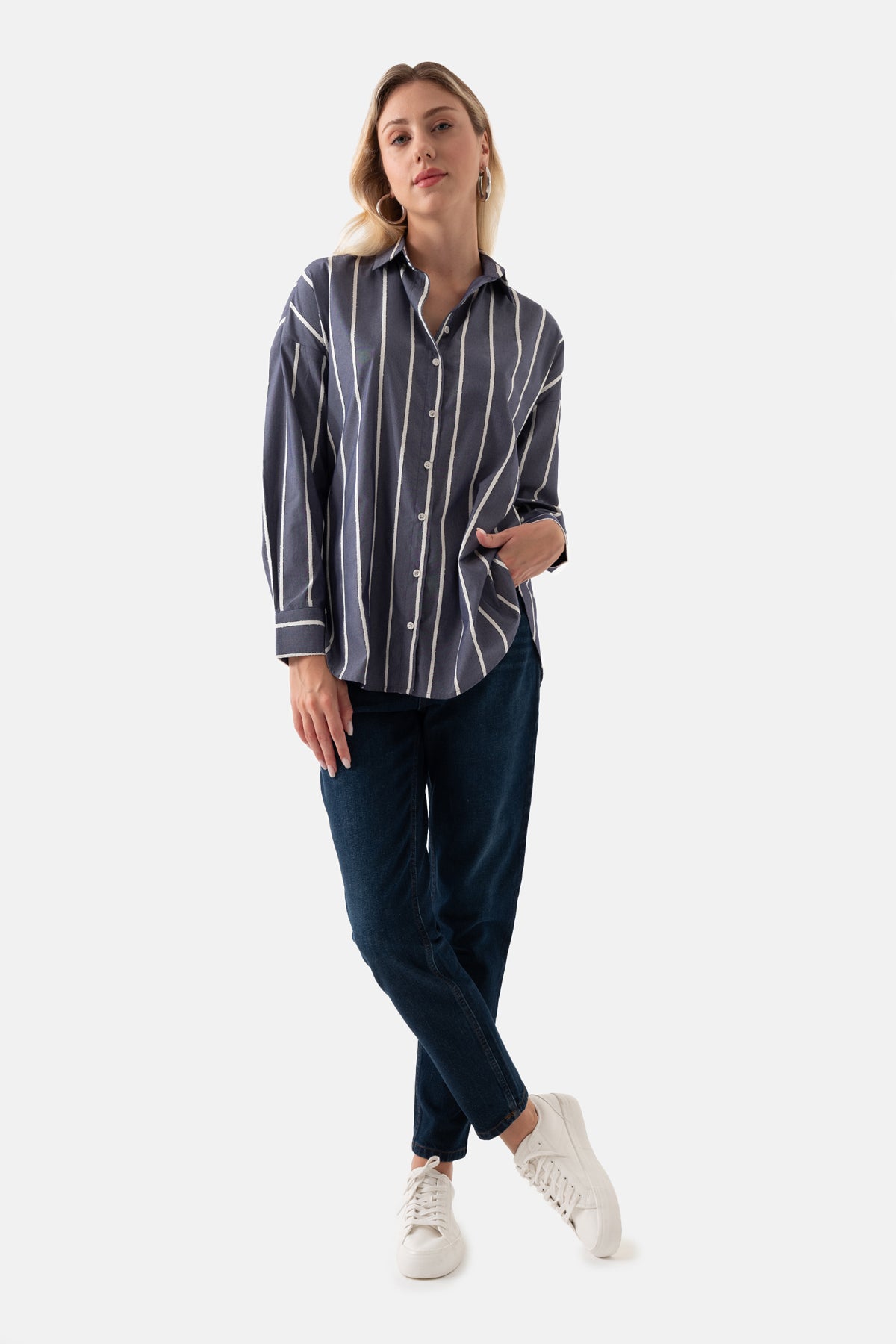 Indigo White Striped Oversized Women's Shirt
