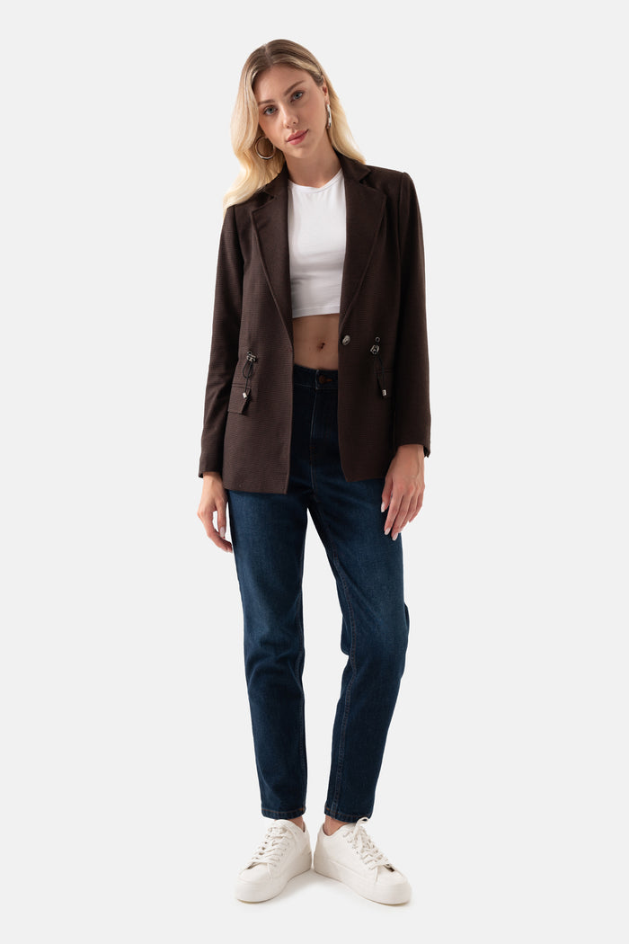Brown Crowbar Patterned Women's Jacket with Pleated Waist