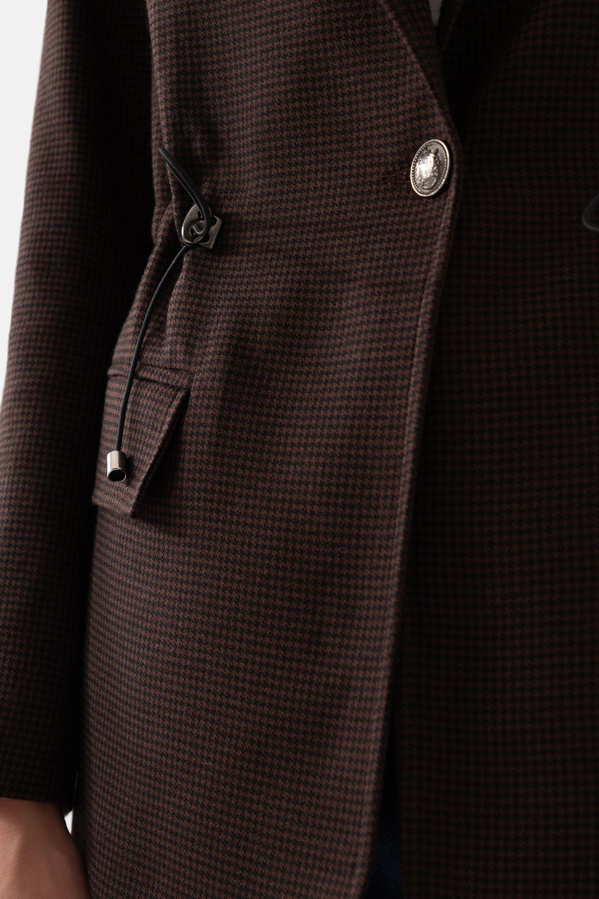 Kahverengi Kazayağı Desenli Beli Büzgülü Kadın Ceket