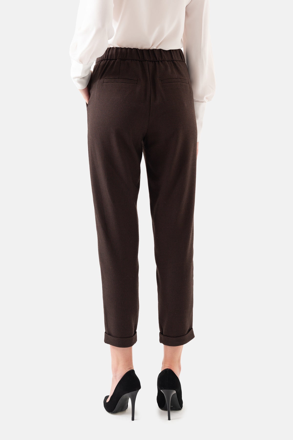 Brown Crowbar Patterned Leather Detailed Women's Trousers