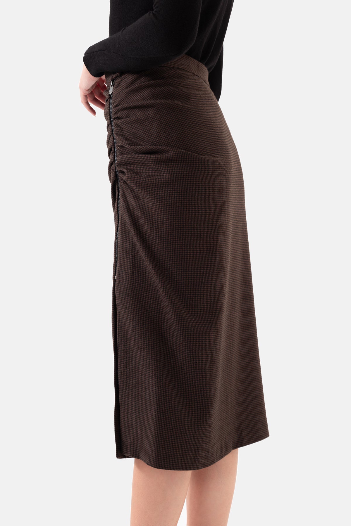 Brown Crowbar Pattern Women's Midi Skirt With Zipper On The Side