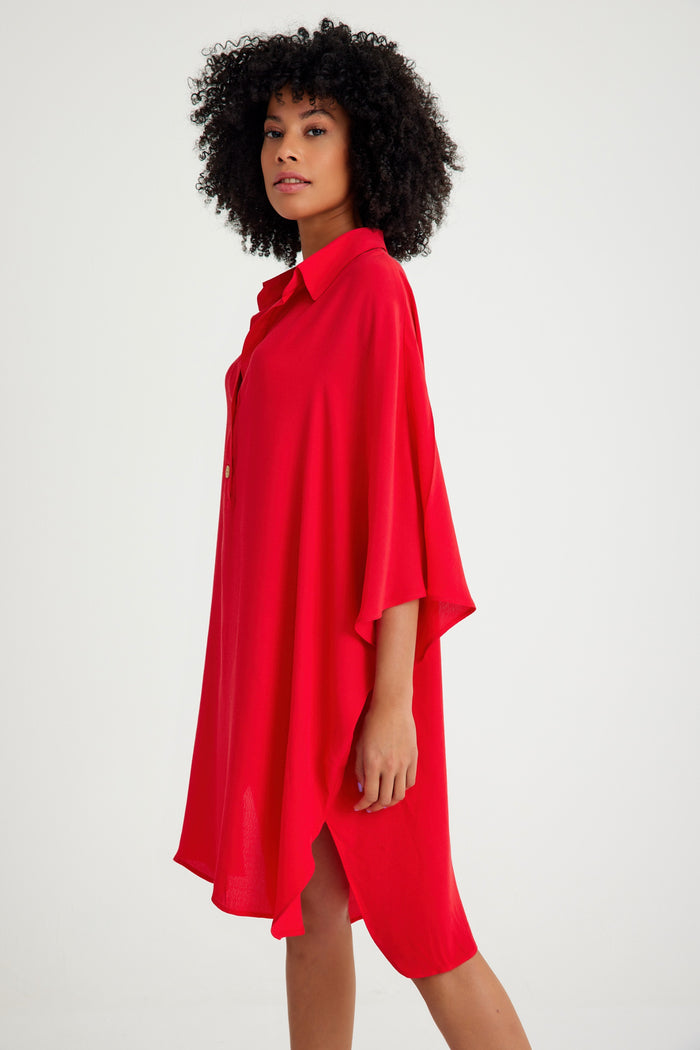 Red Shirt Collar Short Beach Dress