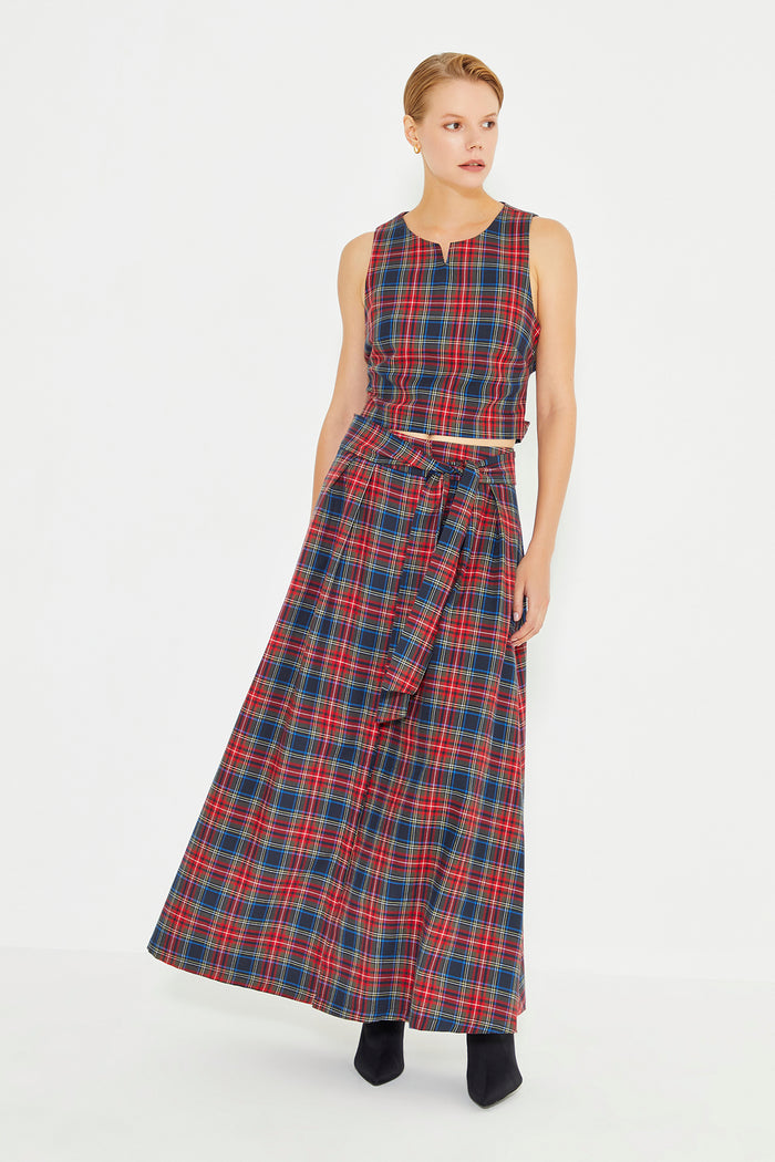 Red And Navy Blue Plaid Crew Neck Sleeveless Back Drawstring Detailed Blouse