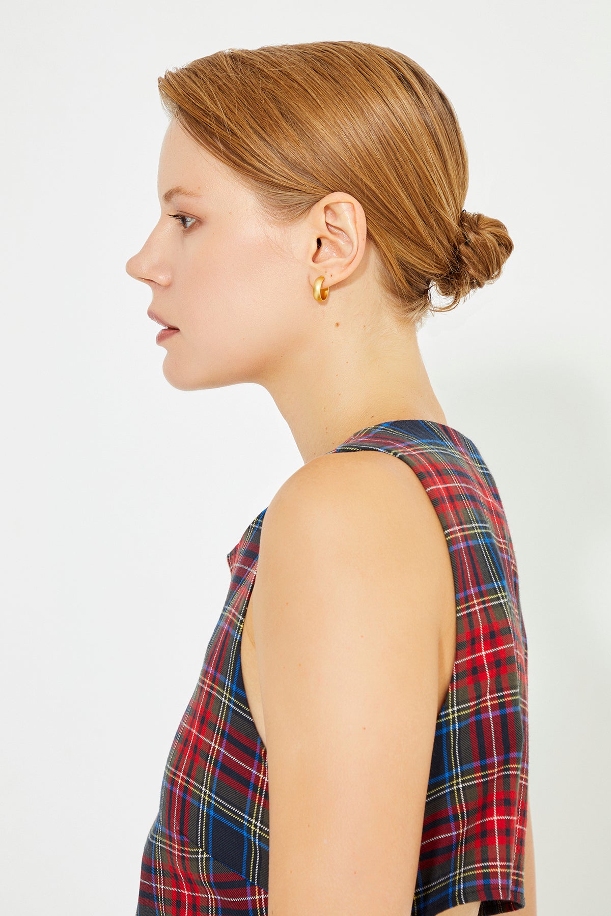 Red And Navy Blue Plaid Crew Neck Sleeveless Back Drawstring Detailed Blouse