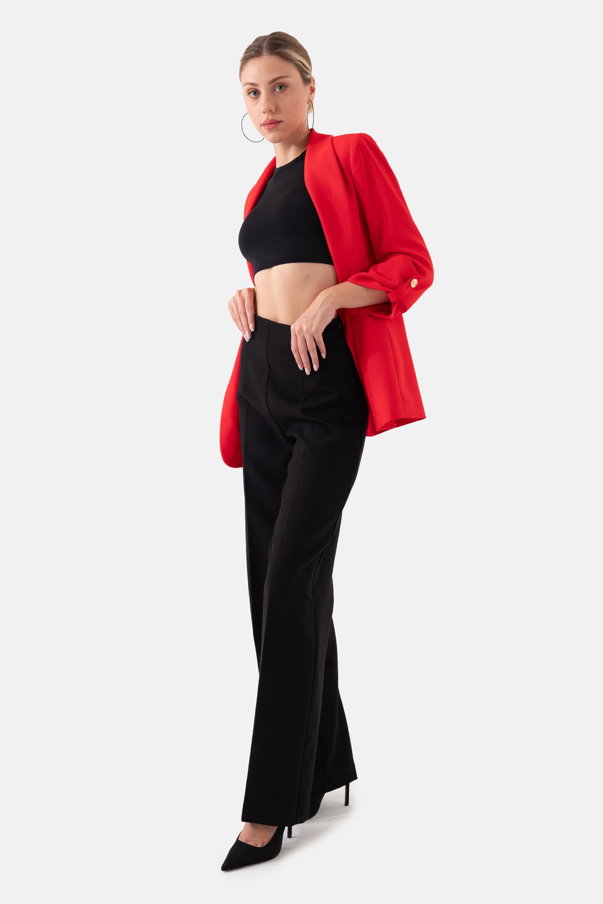 Kırmızı Şal Yakalı Kruvaze Blazer Kadın Ceket