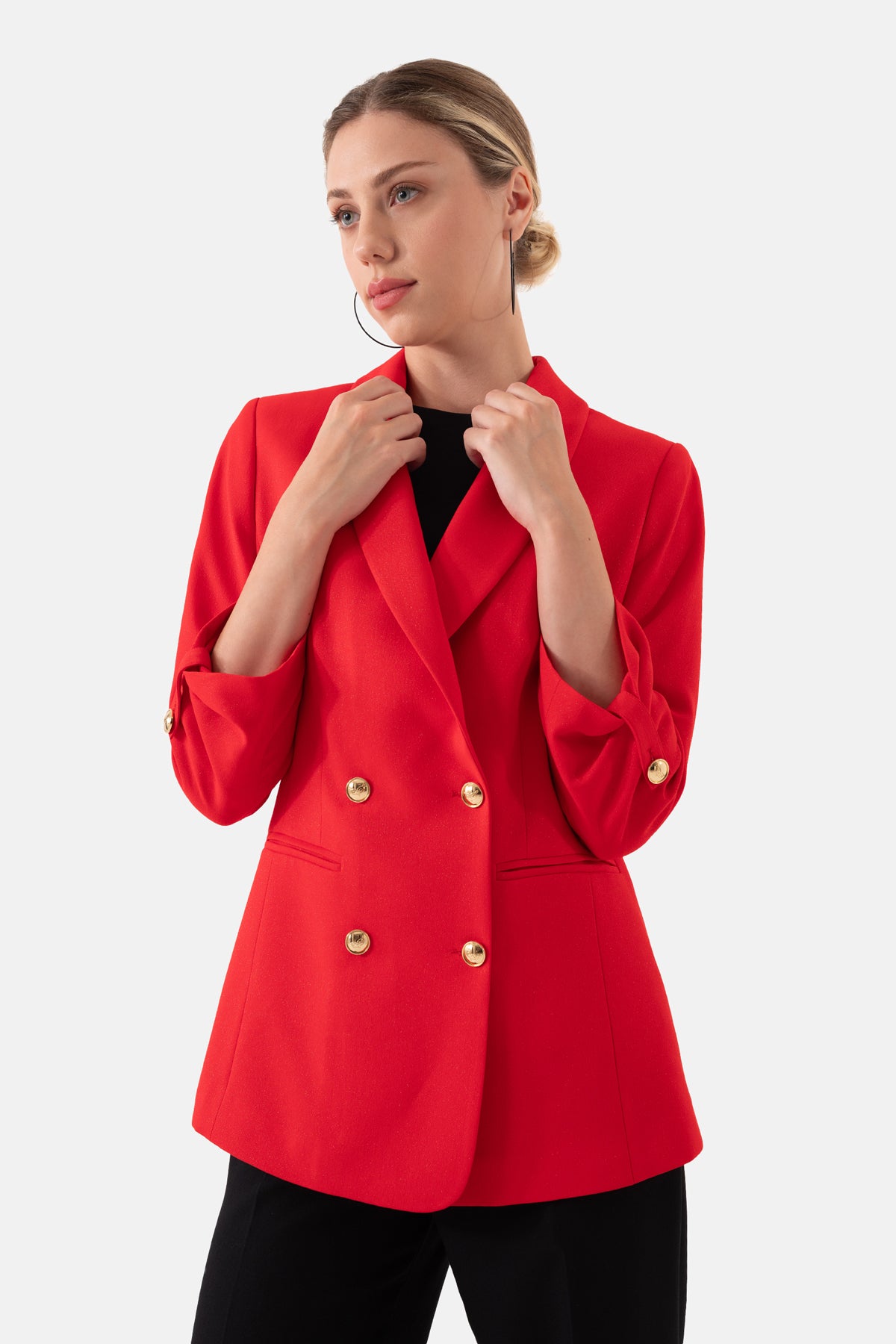 Kırmızı Şal Yakalı Kruvaze Blazer Kadın Ceket
