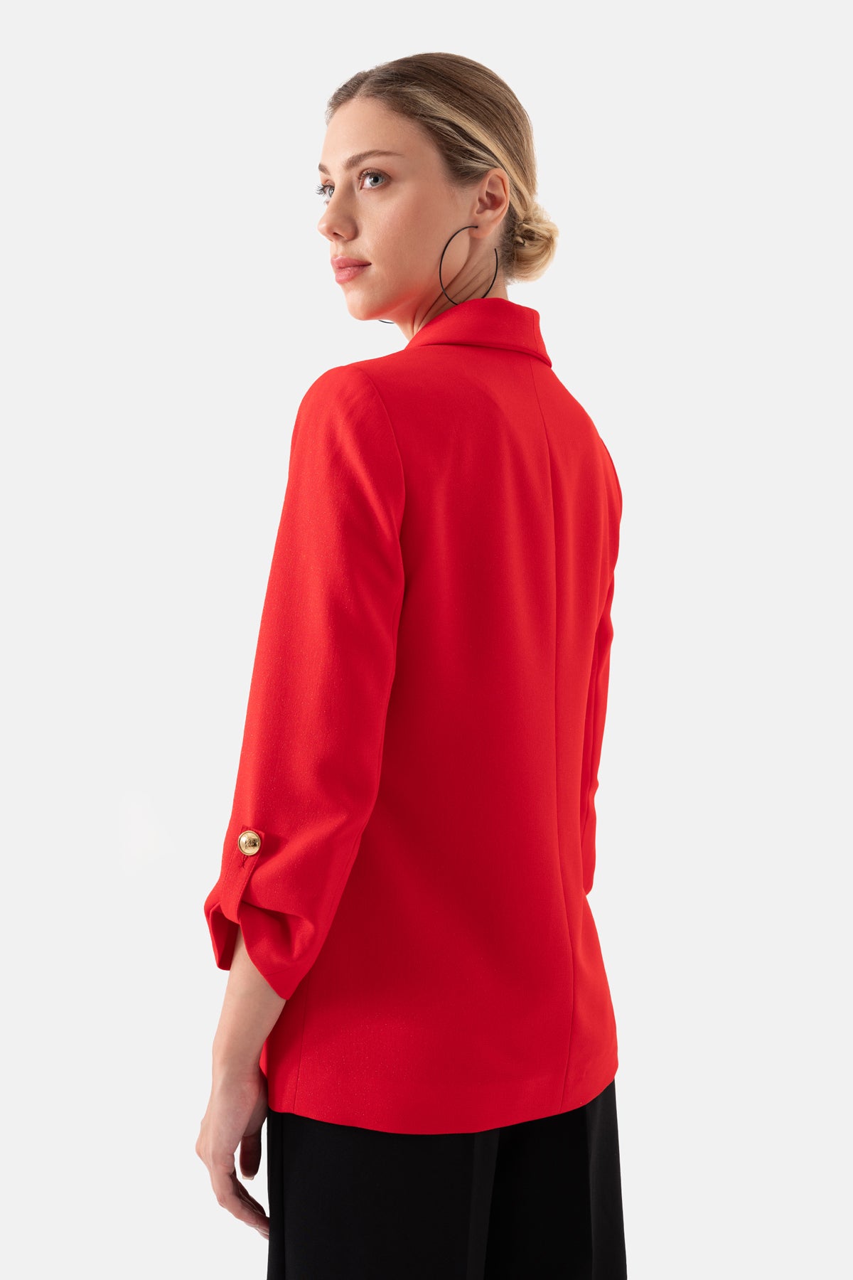 Kırmızı Şal Yakalı Kruvaze Blazer Kadın Ceket