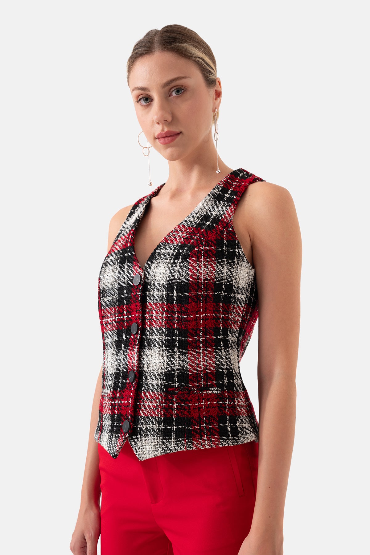 Red Black Plaid Front Buttoned Lined Women's Vest