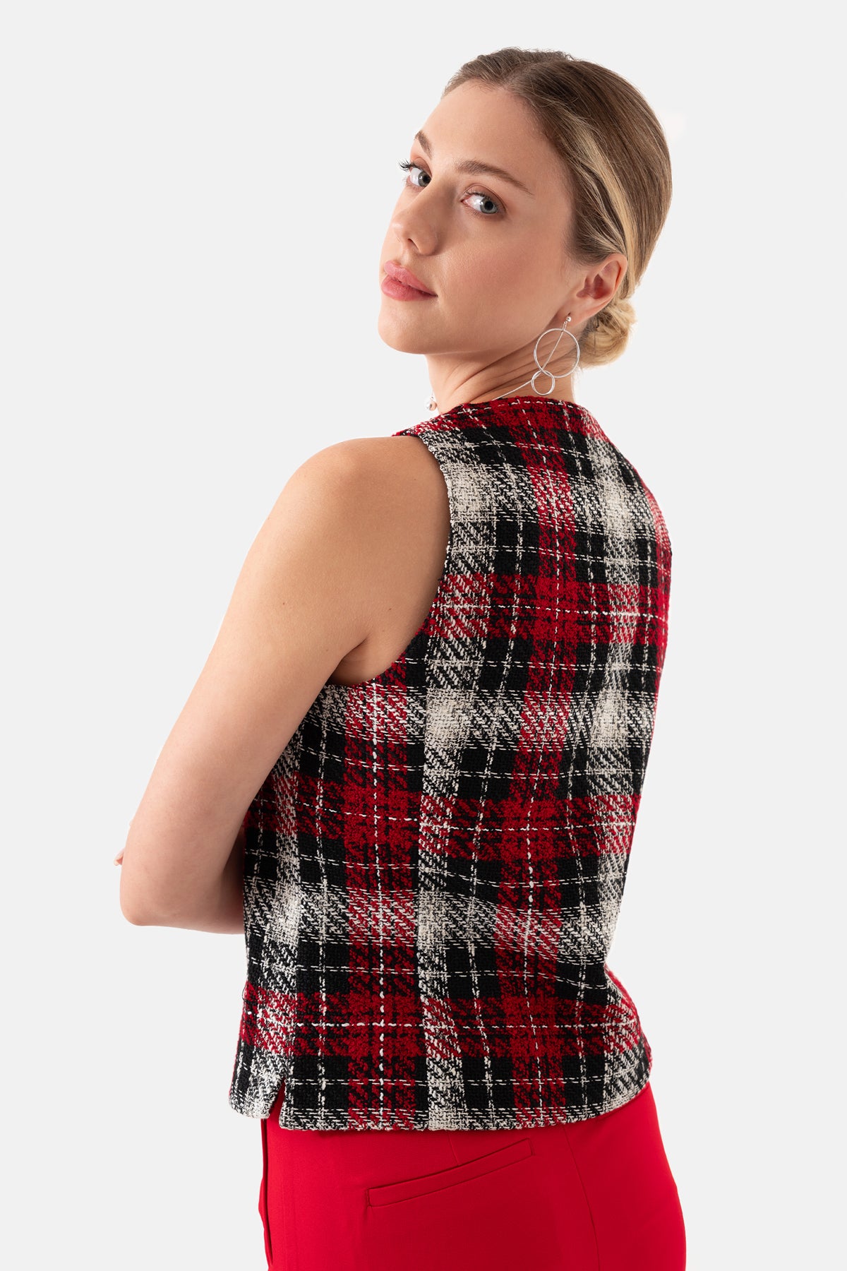 Red Black Plaid Front Buttoned Lined Women's Vest