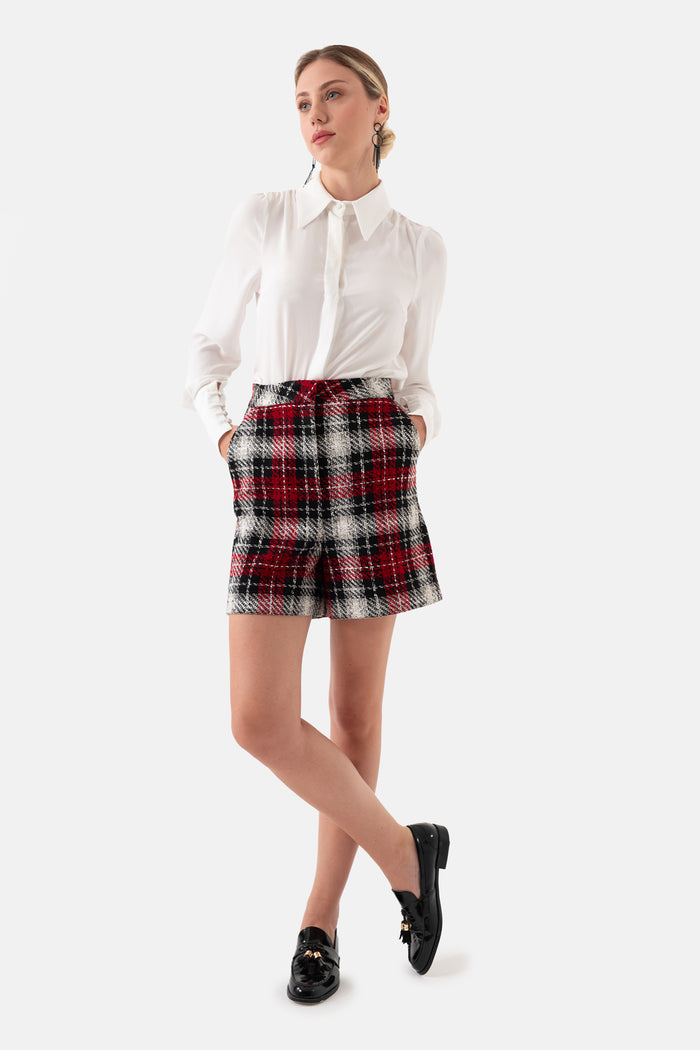 Red and Black Plaid Women's Shorts with Side Pockets