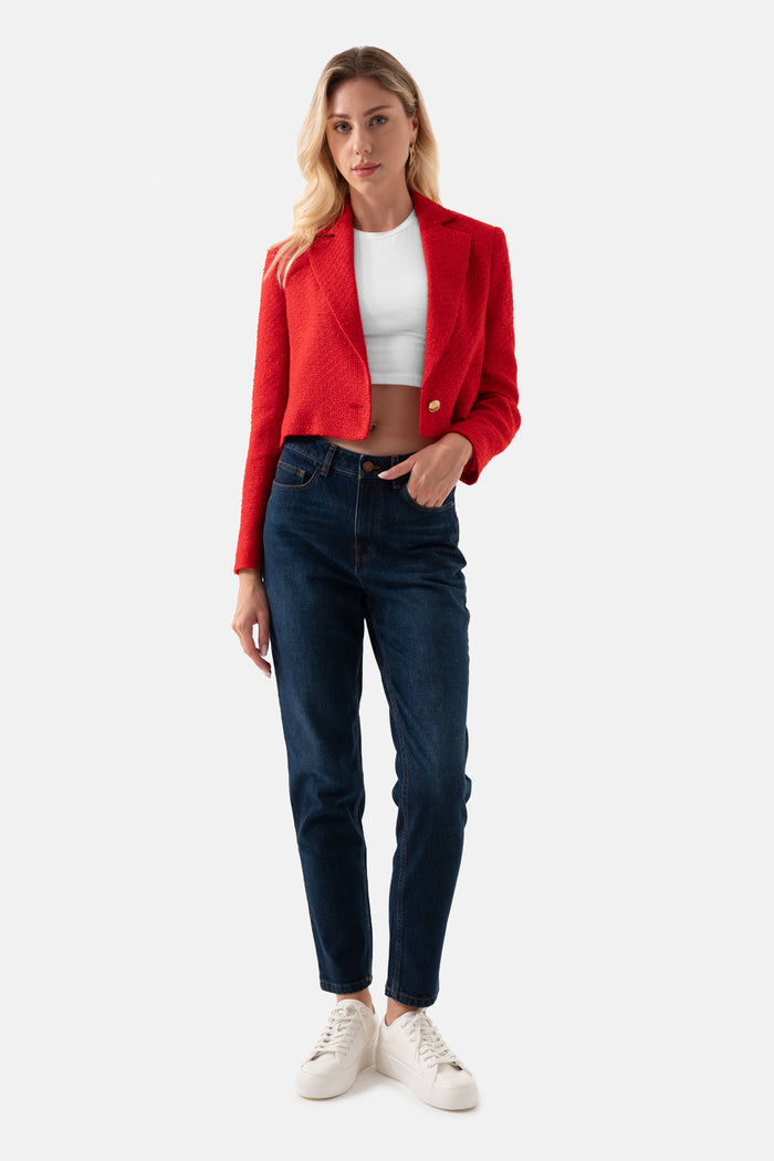 Red Tweed Short Women's Jacket With Front Buttons