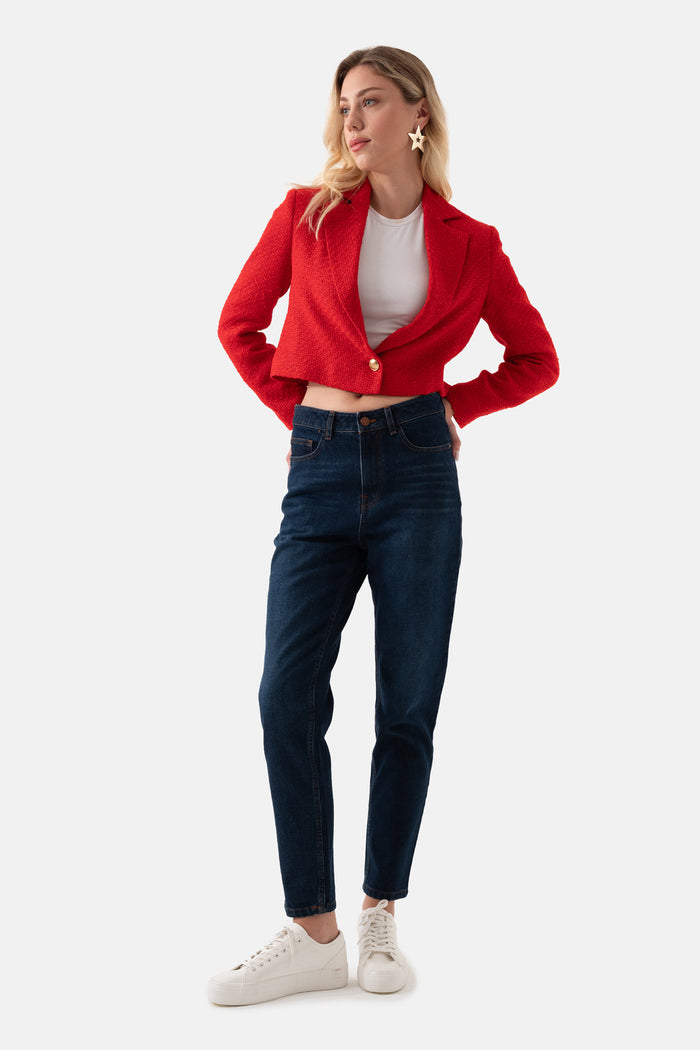 Red Tweed Short Women's Jacket With Front Buttons