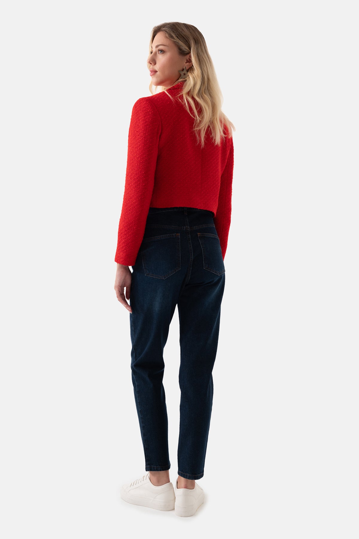 Kırmızı Tüvit Önü Düğmeli Kısa Kadın Ceket