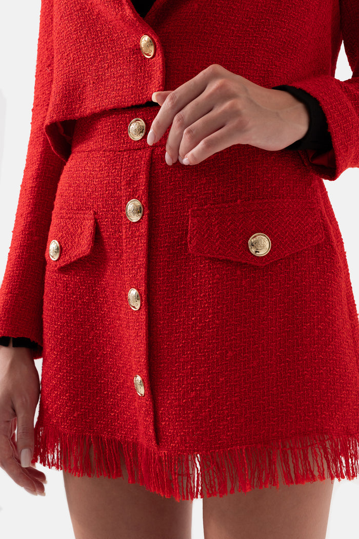 Women's Red Tweed Tasseled Mini Skirt