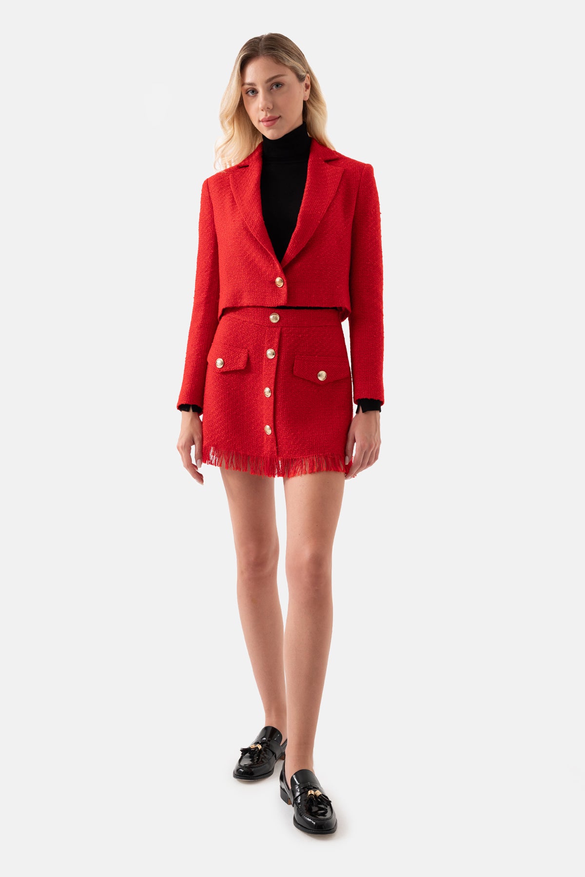 Women's Red Tweed Tasseled Mini Skirt