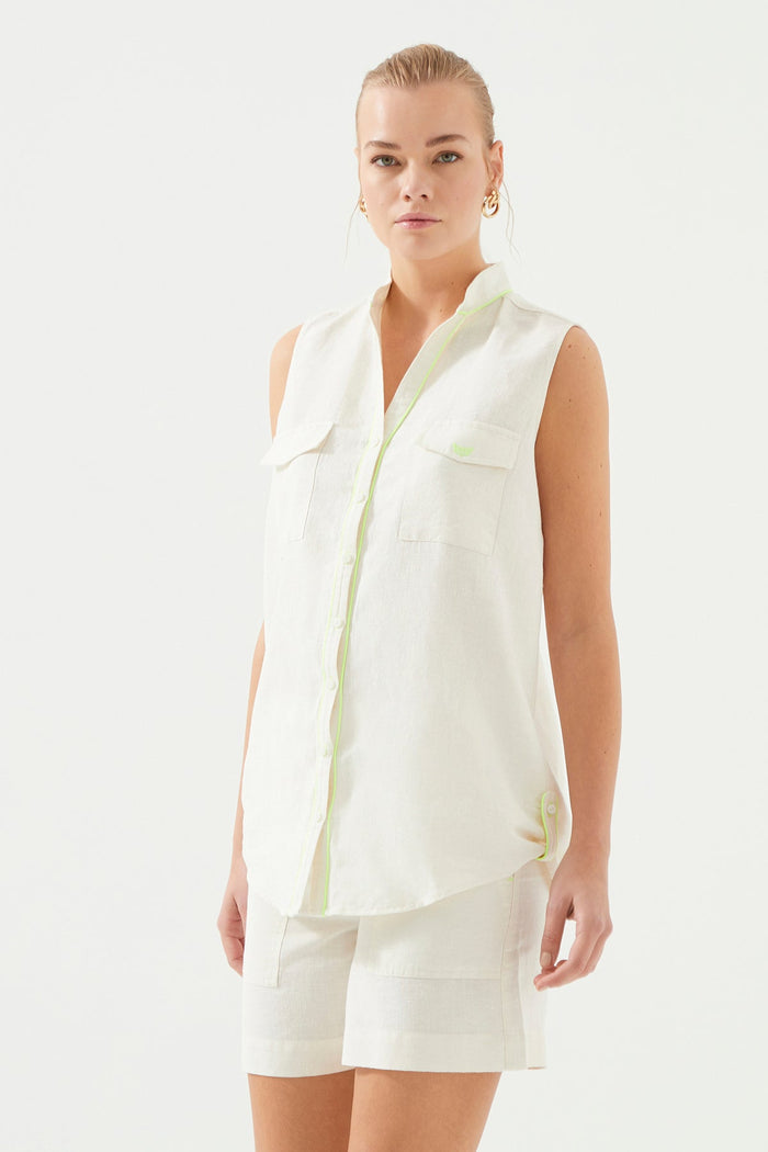 Cream Sleeveless Linen Shirt