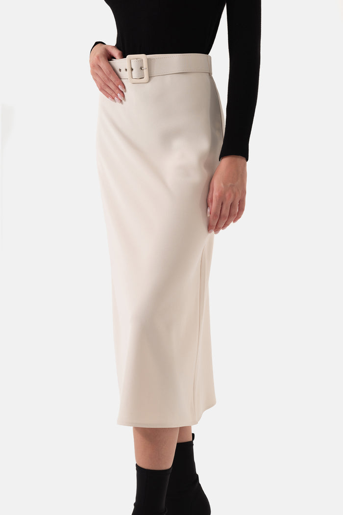 Cream Color Belt Flared Women's Skirt